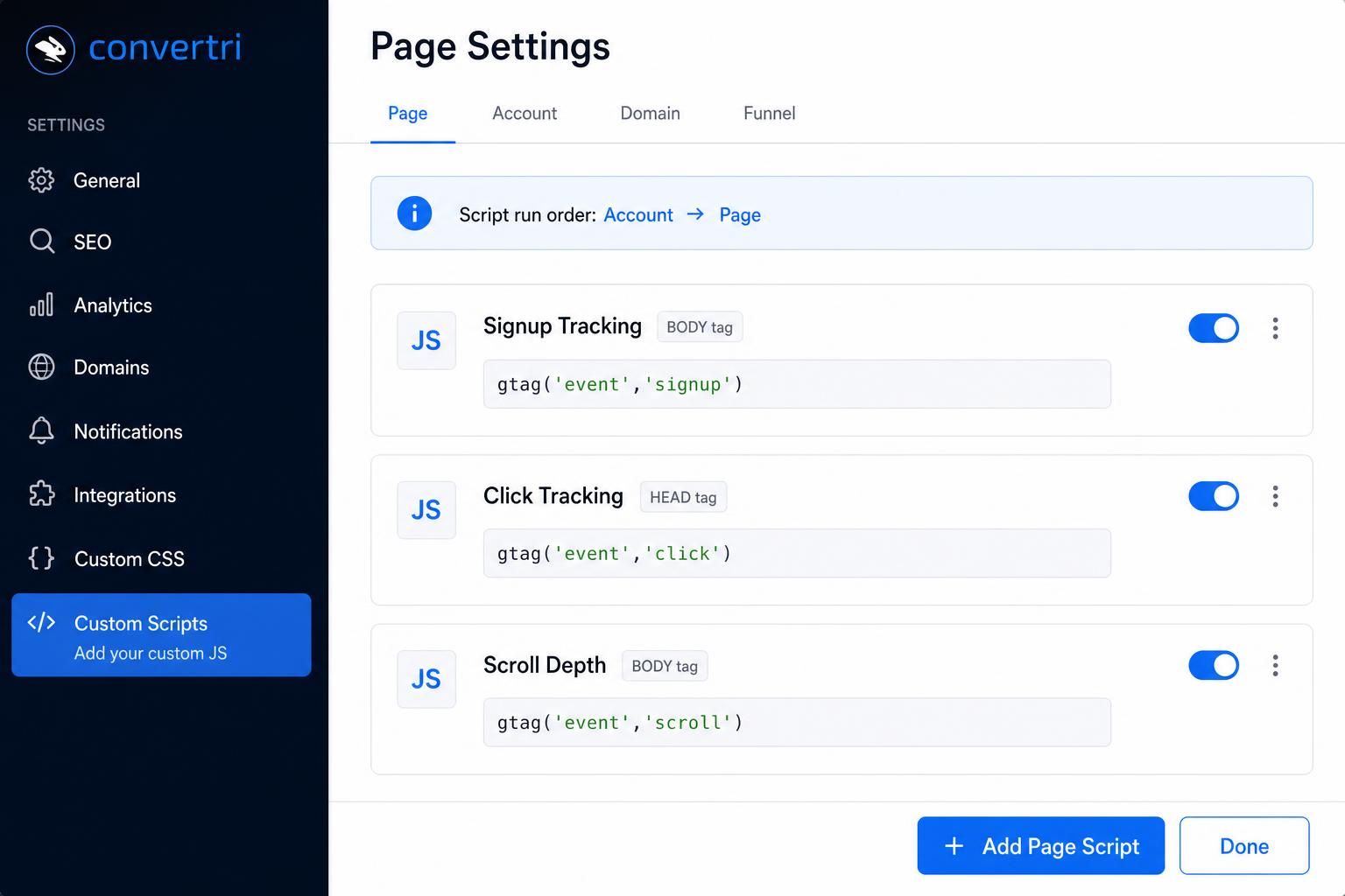 Conversion tracking scripts in Convertri